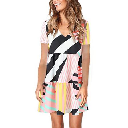 Kvinnor V-ringad Sommar Sexig Klänning Kortärmad Layered Print Pocke