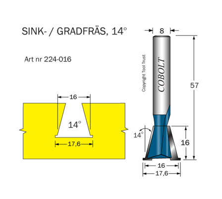 Cobolt 224-016 Sinkfres 14° D=16/17,6 L=16 TL=57 S=8, Maskintilbehør & forbruk