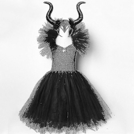 Halloween Costumes Kids Girls Black Dress Ankle Length Dresses Devil Costume Cosplay Outfits Horns Wings -a
