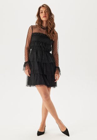 Bubbleroom - Dotted Mesh L/S Dress - Black - Kläder