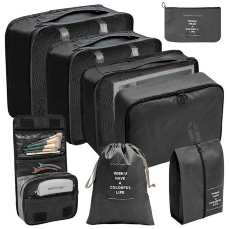 Reisepakke med 8 organiseringsposer og toalettmappe, svart
