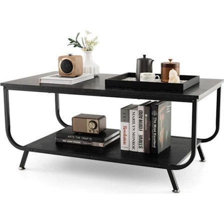 COSTWAY Trykt Marmor Sofabord 2 Niveauer, Rektangulært Stuebord med Sort Metalramme til Kontor Mødelokale