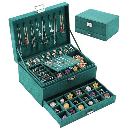 Smykkeskrin, 2-lags smykkeskrin i fløjl, smykkeskrin til kvinder, smykkeskrin til ringe, øreringe, halskæder, med lås og nøgle