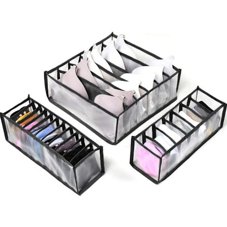 Alusvaatteiden laatikon jakaja, 3 kpl, sisältää 6 + 7 + 11 lokeroa, taitettava säilytyskaappi, laatikon lokero, säilytyslaatikot, musta