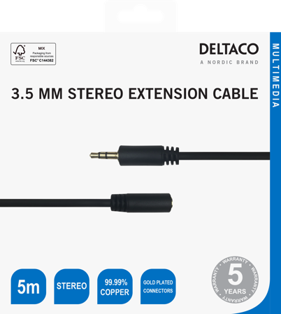 Deltaco Audio cable, 3.5mm, gold-plated, 5m, black