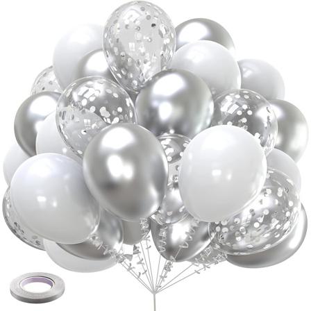 Hvite og sølv ballonger 60 stk 12 tommer matt hvit metallisk sølv og konfetti lateks ballong bulk for bursdagsfest baby brude dusj bryllup...