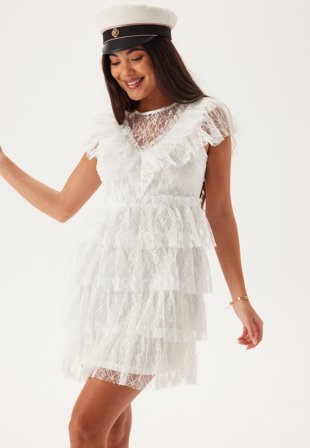 Bubbleroom Occasion - Lace Frill Short Dress - White - Kläder