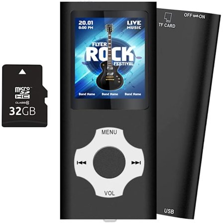 Svart 32GB MP3-spelare, Bärbar HiFi Förlustfri Musikspelare, FM