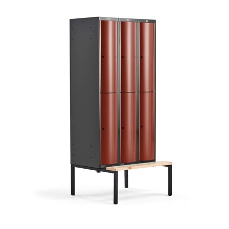 Kleiderspind CURVE mit Sitzbank, 3 Module/2 Türen, 2120 x 900 x 550 mm, Herbstrot