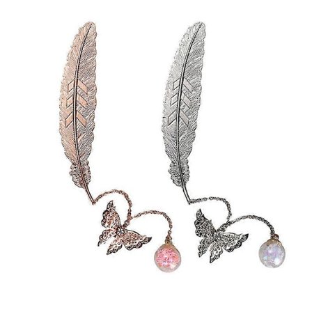 2 stk. metallfjærbokmerker, lesesidemarkør med 3D-sommerfugl og fargerike krystallglasskuler