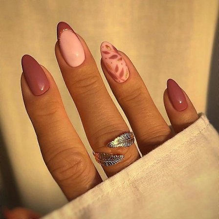 Löstagbara Naglar i Medium Storlek, Franska Spetsar, Mandelformade, Falska Naglar, Vinröda Blad, Klistra på Naglar, 24 St