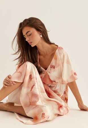 BUBBLEROOM - Satin Maxi Dress - Beige/Patterned