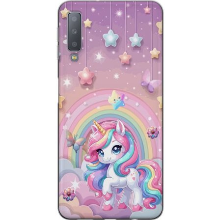Kompatibelt Mobildeksel til Samsung Galaxy A7 (2018) Magisk enhjørning med regnbue manke, stjerner og sommerfugler mot en pastellhimmel med skyer