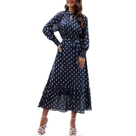 Damekjole med belte, rynket mansjett, lykt-erme, volangkant, utskjæring i halsen, prikkete kjole