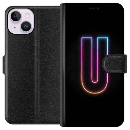 Kompatibel Tegnebogsetui til Apple Apple iPhone 15 Minimalistisk neonbogstav U i farverig lyseffekt mod sort baggrund