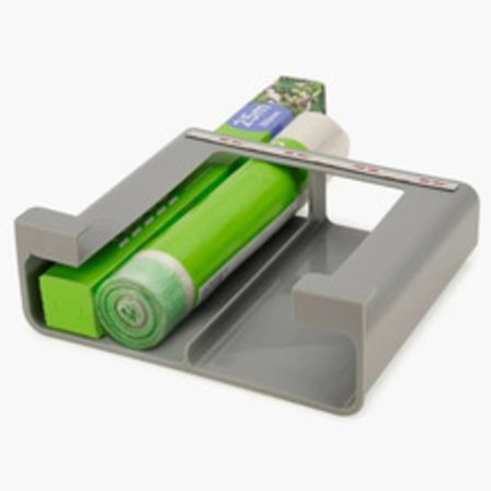 Oppbevaringsholder for folie under hylle, plassbesparende dispenser for folie og poser, grå