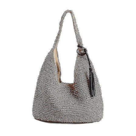 Käsin kudottu pehmeä suuri olkahihnallinen olki-kassit, mustat tupsut, boho-tyyli, olki-kahva, retro kesä