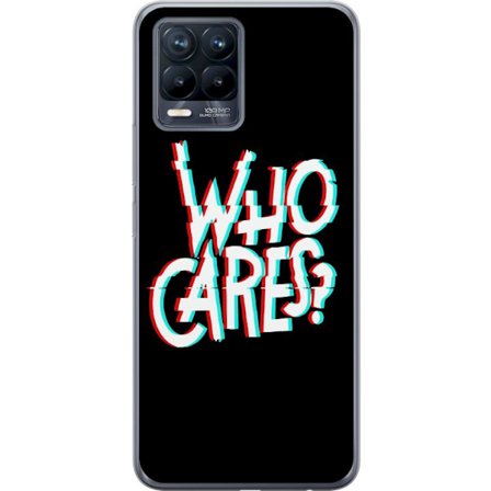 Yhteensopiva Puhelinkuori Realme 8 Glitch typografia, jossa teksti "who cares" on punaisella ja syaanilla mustalla minimalistisella taustalla.