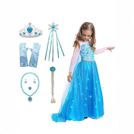 Elsa prinsessekjole + krone/hårbøyle/hansker/glitrende med lys
