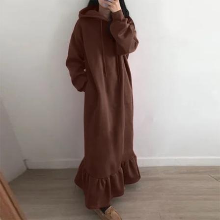 Kvinnor Enfärgad Hooded Neck Dragsko Sweatshirt Maxiklänningar