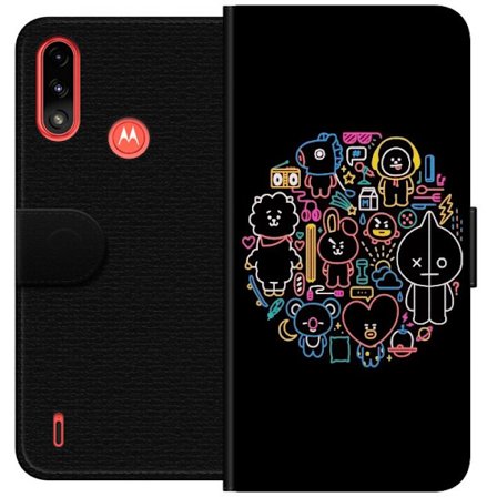 Kompatibel Tegnebogsetui til Motorola Moto E7 Power Farverig BT21 neonillustration fyldt med legende figurer, symboler og detaljer i en rund kompositi