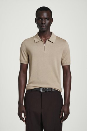 COS Men's Slim Knitted Silk Zip-Up Polo Shirt in Beige