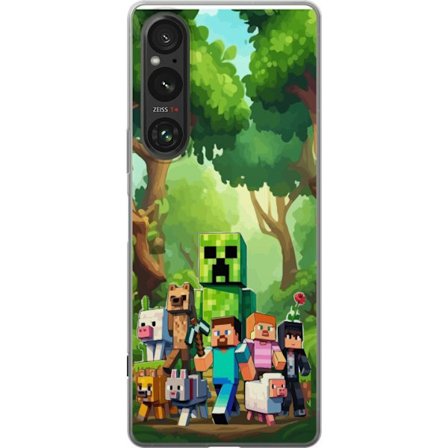 Yhteensopiva Puhelinkuori Sony Xperia 1 VI Jämäkkä pikselöity pelimaailma, jossa vihreät hahmot ja eläimet rehevässä metsäympäristössä