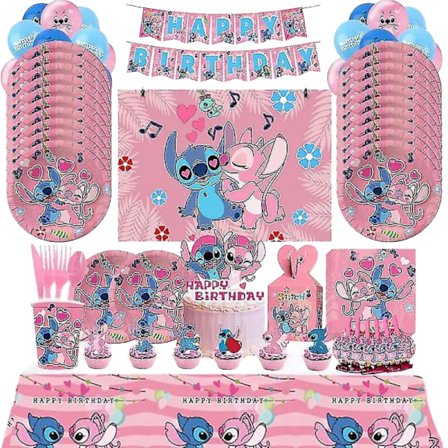 Rosa Stitch -koristeet syntymäpäiväjuhliin Lilo ja Stitch -teemaiset astiat Enkeli-ilmapallot Lautaset Kupit Tarvikkeet Lapsille Tytöille Korkea Laatu