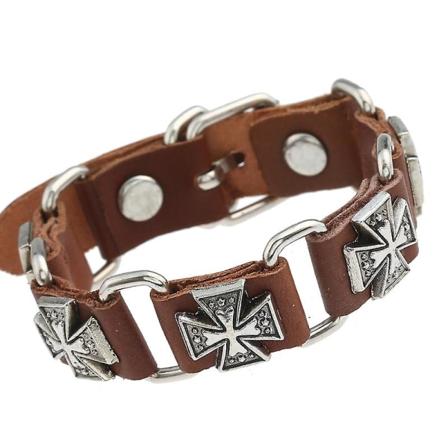 Vintage Punk Connection Lær Legering Cross Armbånd Klassisk Mote Uformell Sport Nøytral trykknapp brown