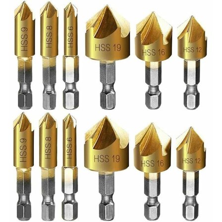 Forsenker Forsenker Metall 12 stk Hex Shank Selvsentrerende Stanser Fasebor for Forsenker Konisk Forsenker Vask 6mm 8mm 9mm 12mm 16m
