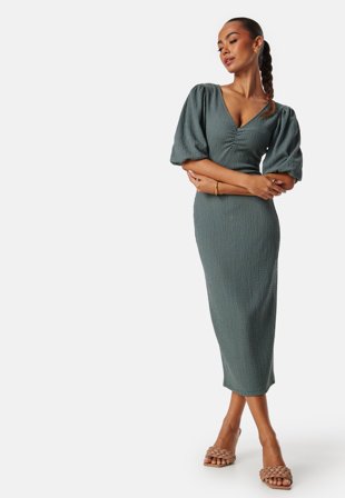 Bubbleroom - Structure Puff Sleeve Dress - Dusty green - Kläder