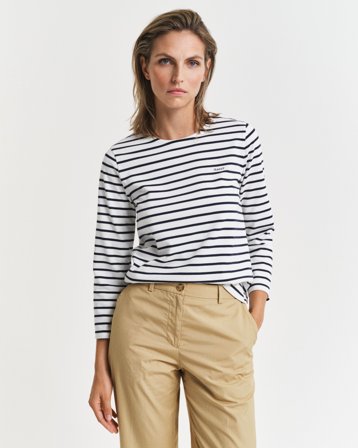 GANT Damen T-Shirt mit 3/4-Ärmeln und Marinestreifen (S) Weiß
