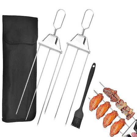 Uudet 3-suuntaiset grillivarras-katkarapuvärit grilliin, ruostumattomasta teräksestä valmistetut grillitikut työntötangolla, 3-haarainen varras BBQ-