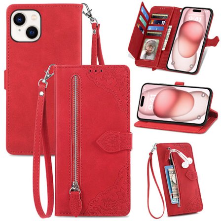 Lämplig för iPhone mobiltelefonfodral - mobiltelefon läderfodral flipfodral präglat kortfack läderfodral Röd iPhone 15 Pro iPhone 15 Pro Röd