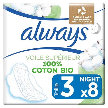 Always Cotton Night Pads 8 stk, Medicin & Pleje, Bind & Indlæg, Bind