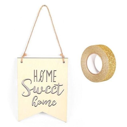 Trävimpel att hänga 20 x 15 cm Home Sweet Home + gyllene glitter maskeringstejp 5 m