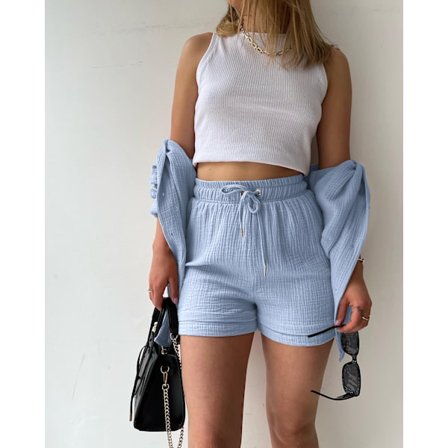 【JIA】Skrynklig krage för kvinnor, långärmad skjorta, shorts med dragsko med hög midja, moderiktigt casual set i två delar ljusblå XXL ljusblå