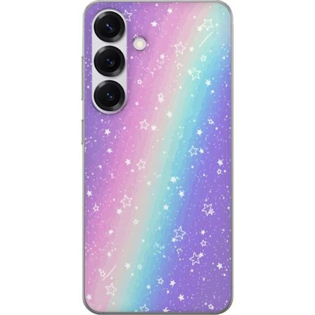 Kompatibel Mobilcover til Samsung Galaxy S25 Rainbow-farvet pastelbaggrund med hvide stjerner og glitrende prikker i blød overgang