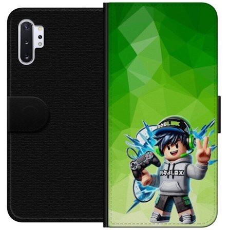 Yhteensopiva Lompakkokotelo Samsung Galaxy Note10+ Roblox-inspiroitu pelaajahahmo, jossa on kuulokkeet, ohjain ja energiset efektit vihreää taustaa