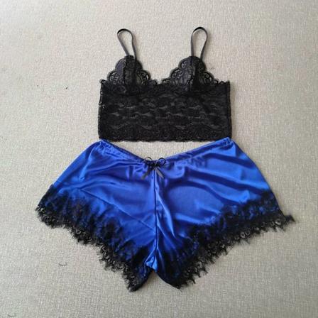 Kvinnor Sexiga Spets Sömnkläder Spets Nachtkleding Underkläder Ärmlösa V-Hals Babydoll Pijamas Set Underkläderi Toppar Shorts Inställd Nattkläde Blue 