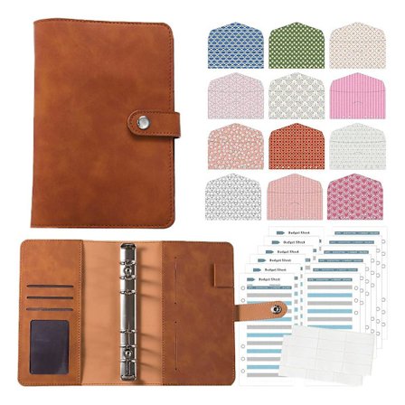A6 6-rings Budsjett Perm Omslag Organizer A6 Perm Utgiftsbudsjettblad for pengesparende kontantkonvoluttsystem Brun