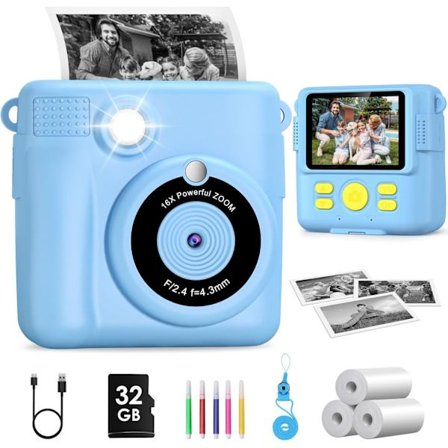 Instant Print Kamera til Børn, 2.4" Instant Kamera med 32GB Kort og 3 Ruller Printpapir, 1080P HD Digitalkamera til Børn, Bir