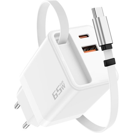 2025 Senaste Modell 65 W USB C-laddare med Infällbar Snabbladdningskabel, 3 Portars Multi Snabbladdare GaN USB C Strömförsörjning för MacBook Pro