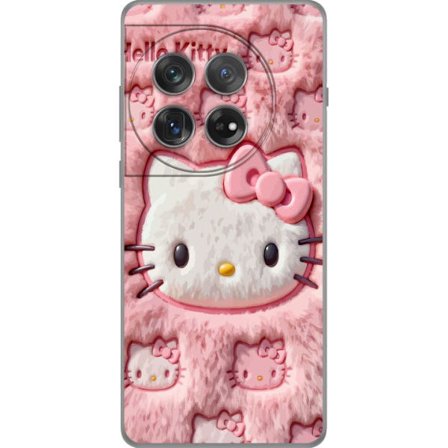 Kompatibelt Mobildeksel til OnePlus 12 Hello Kitty rosa fluffy bakgrunn med ikoniskt ansikt og kawaii-estetikk