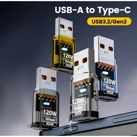10 Gbps USB A Hona till USB C Hane Adapter 4-Pack, 120W USB A Hane till Typ C Hona, OTG-omvandlare för Telefon, Laptop Laddning och Dataöverföring