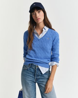 GANT - Kabelstrikket bomullsgenser med stretch og v-hals til dame perfect blue