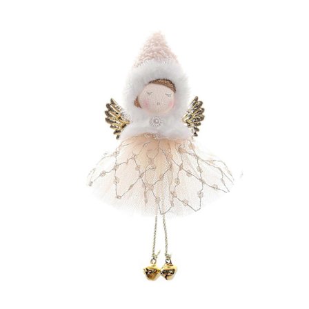 Jouluenkeli-tyttö riippuva koriste kultaisilla siivillä, pehmoisella terävällä hatulla, paljettityllihameella, kellolla, pitkillä jaloilla, loma-