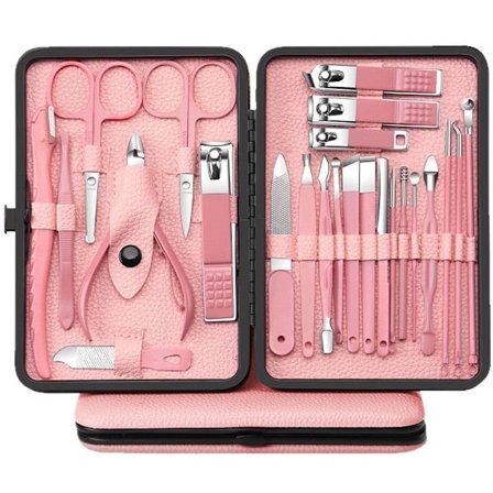 Profesjonelt manikyr- og pedikyrsett 18 i 1 med negleklippere, reiseveske i skinn, rosa
