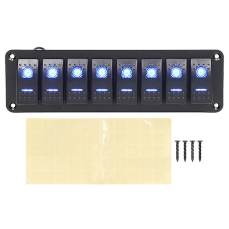 8 Gang Rocker Switch Panel LED Bagbelyst On Off Vandtæt Overbelastningsbeskyttelse Forudkablet til Bil RV Bus Marine Båd Blå