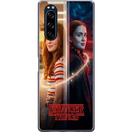 Kompatibelt Mobildeksel til Sony Xperia 5 Delt portrett av Max Mayfield mellom hverdag og mørk parallellverden i Stranger Things-stil